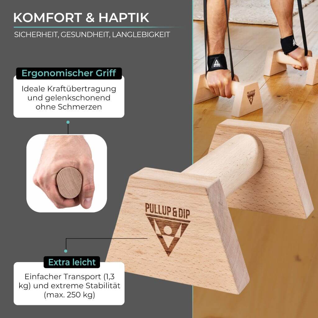 Holz Liegestützgriffe mit ergonomischem Griff inkl. Wrist Wraps - Image 2